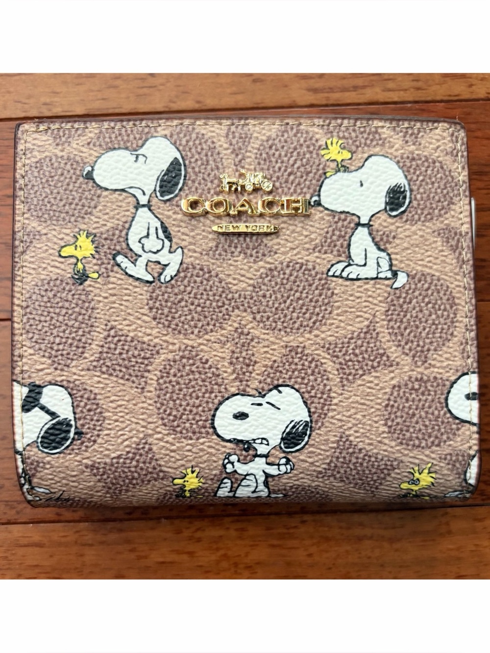 Coach Brown Canvas Wallet with Snoopy & Woodstock Print